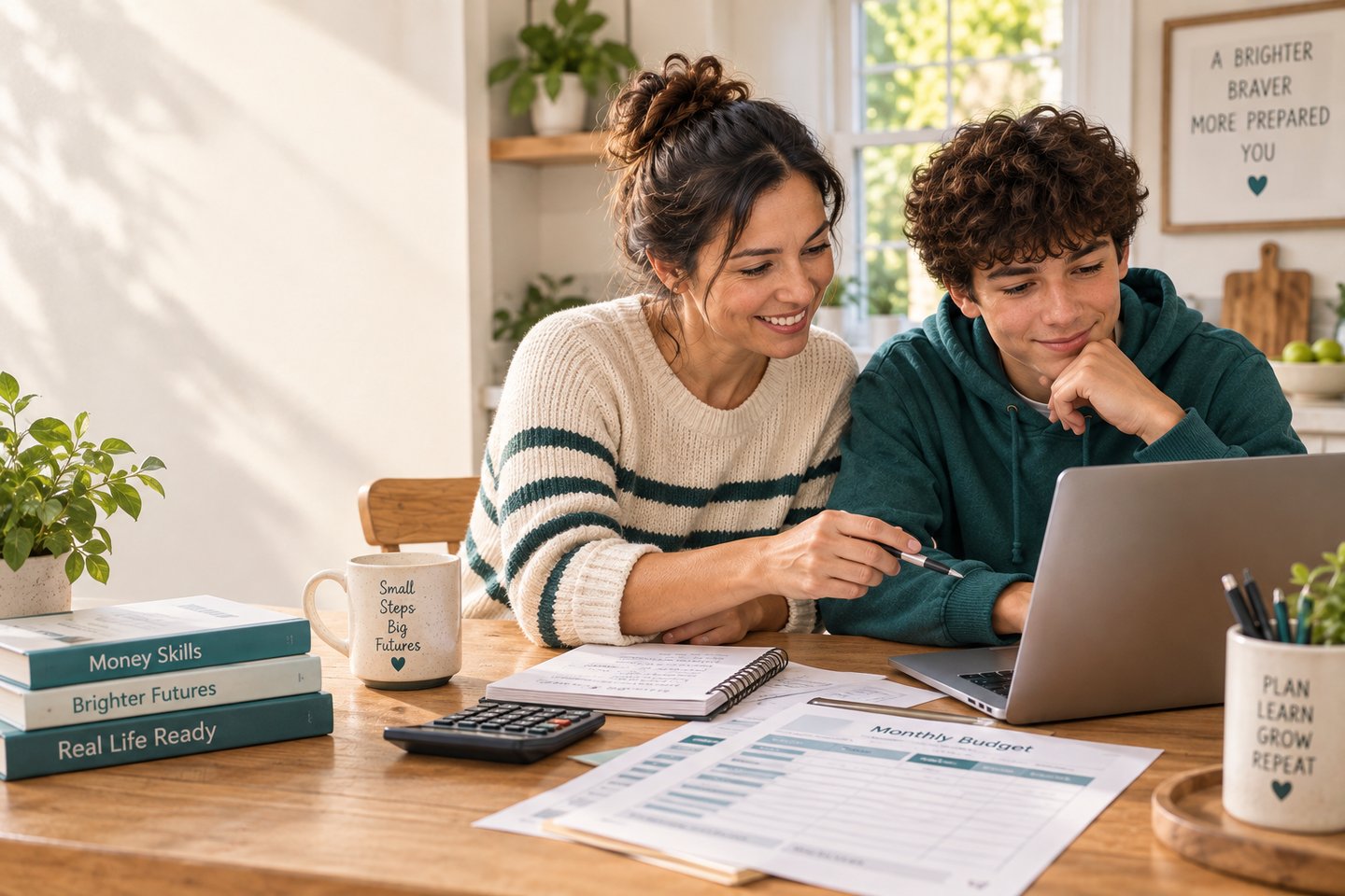 Parent and teen smiling while reviewing a monthly budget worksheet together at a kitchen table, with a laptop, calculator, and notebooks